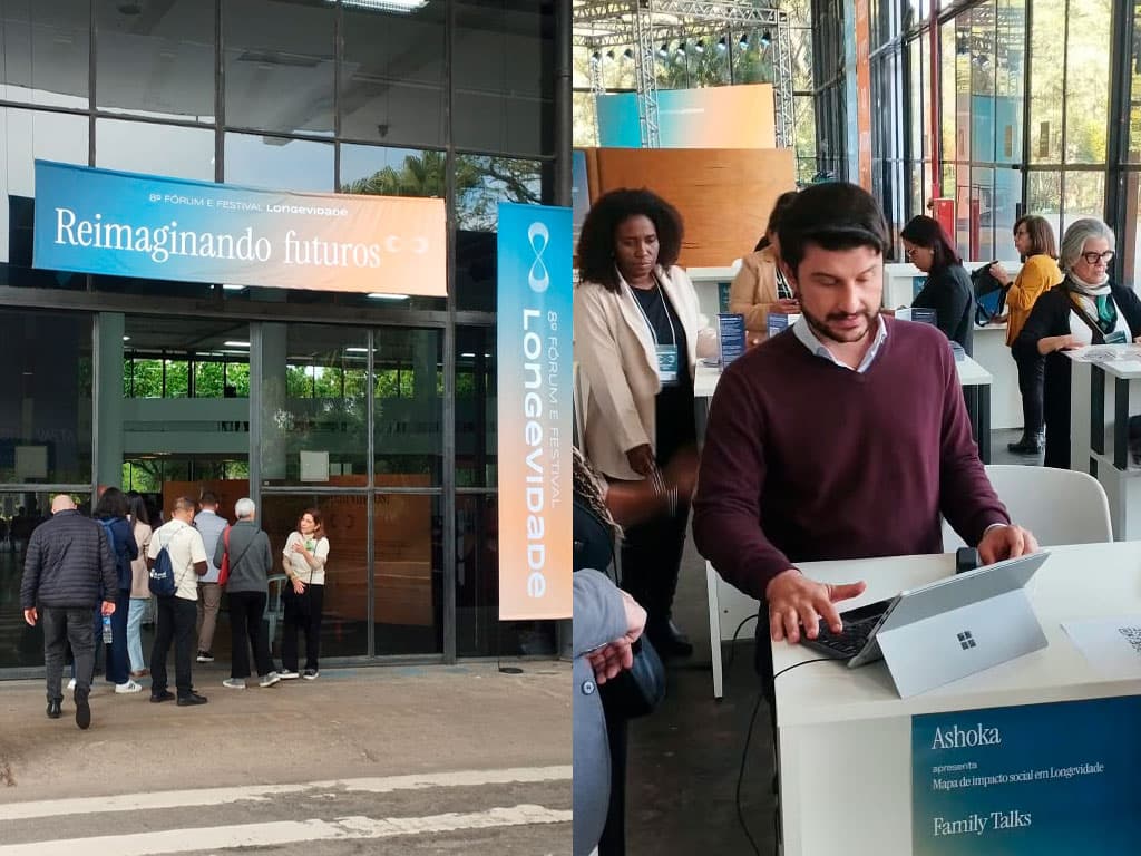 À esquerda, a entrada do evento sob o banner “8º Fórum e Festival Longevidade — Reimaginando futuros”; à direita, o stand do Family Talks, com um participante diante de um notebook.