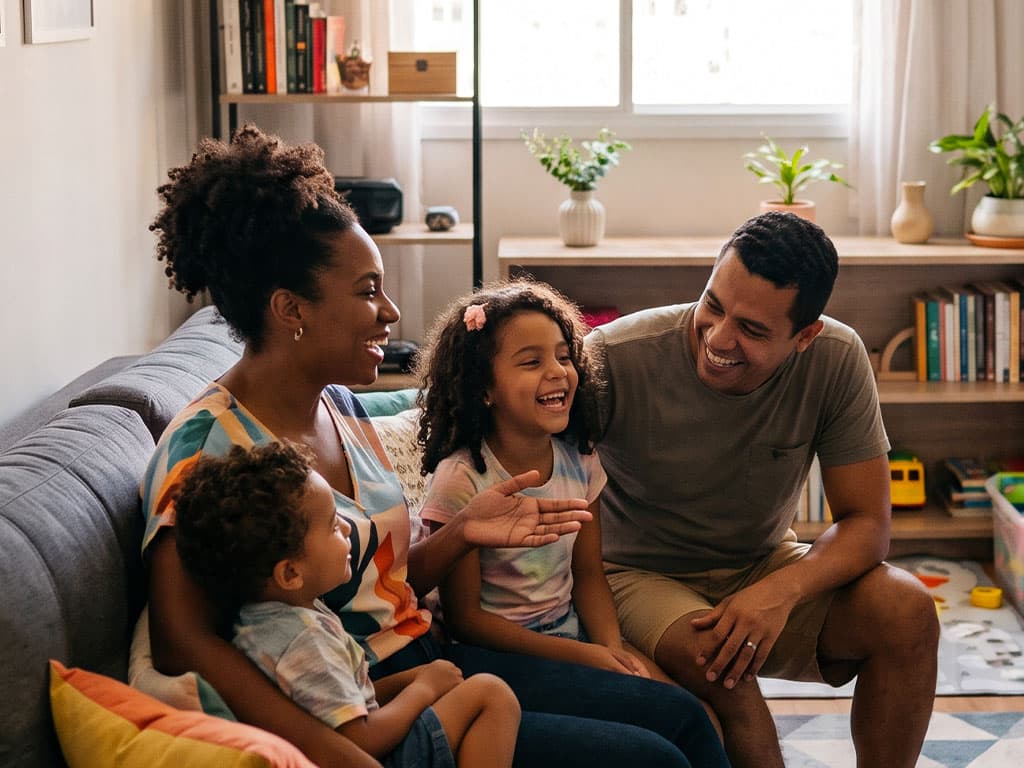 Pai, mãe e dois filhos pequenos sorriem e conversam juntos no sofá da sala de casa.