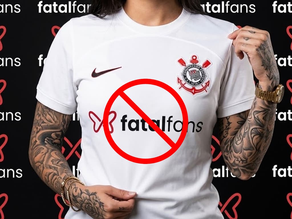 Camisa branca do Corinthians com a marca do patrocinador no peito, coberta por um símbolo vermelho de proibição.